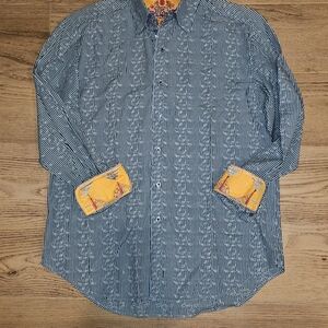 Robert Graham Men's Blue Striped Shirt with Yellow Accents